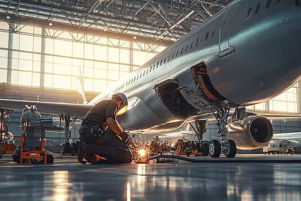 trabajador reparando motor de avion