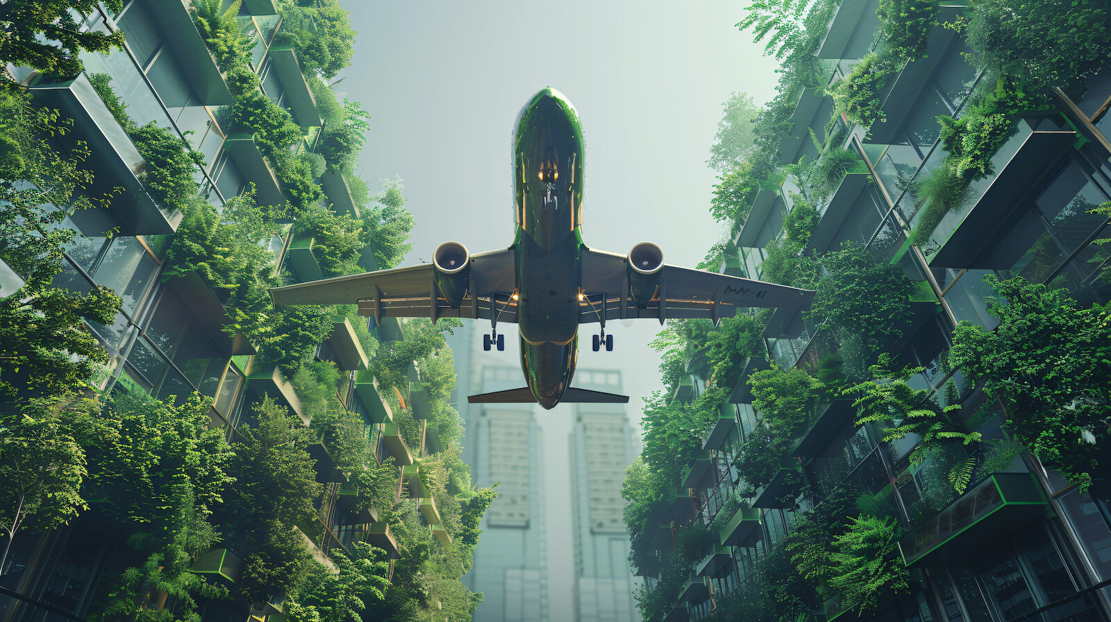 avion sostenible en medio de edificios verdes